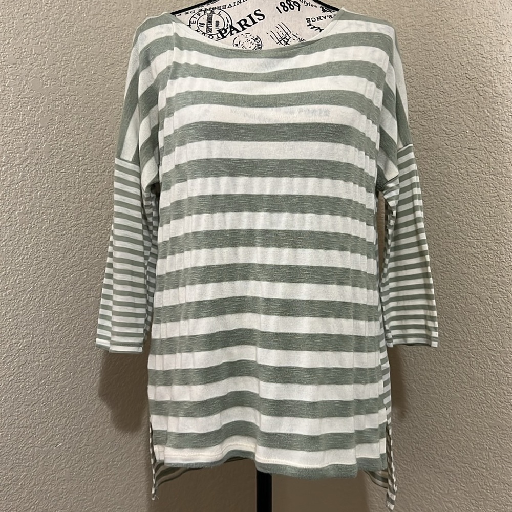 Sage Green Long 3/4 Sleeve Striped Soft Top